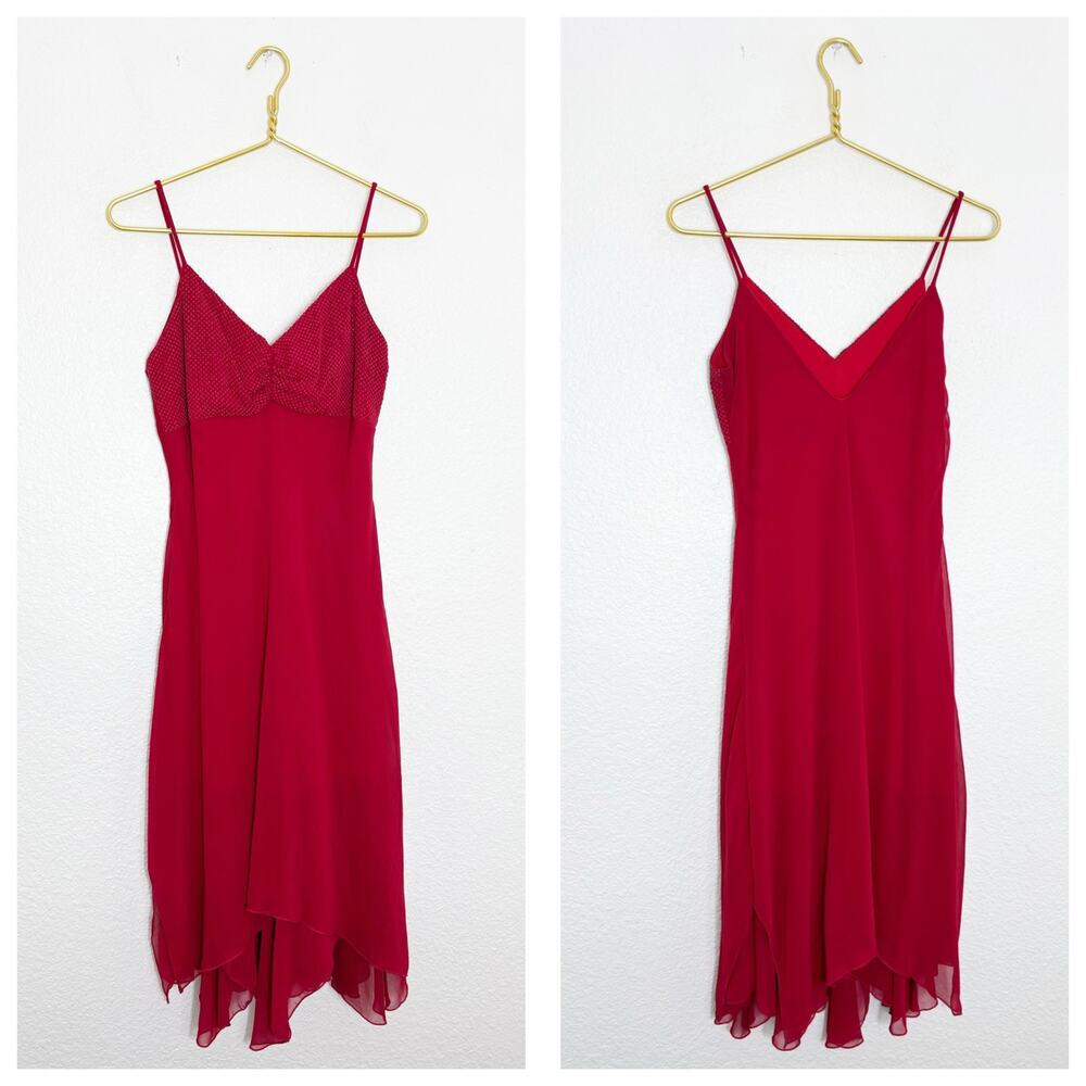 Vintage Y2K Red Beaded Asymmetrical Hem Midi Dress Medium Fairy Whimsigoth 90s